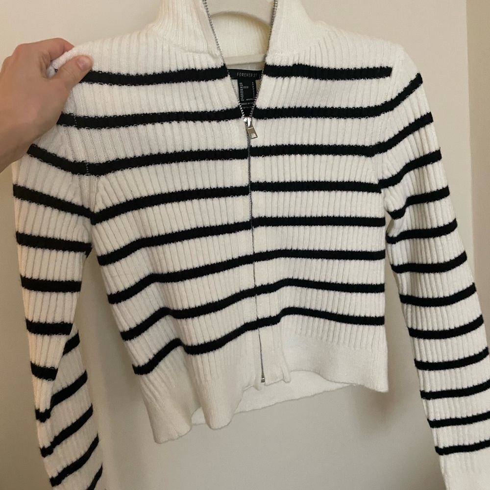 Black and White Striped Zip-Up Sweater